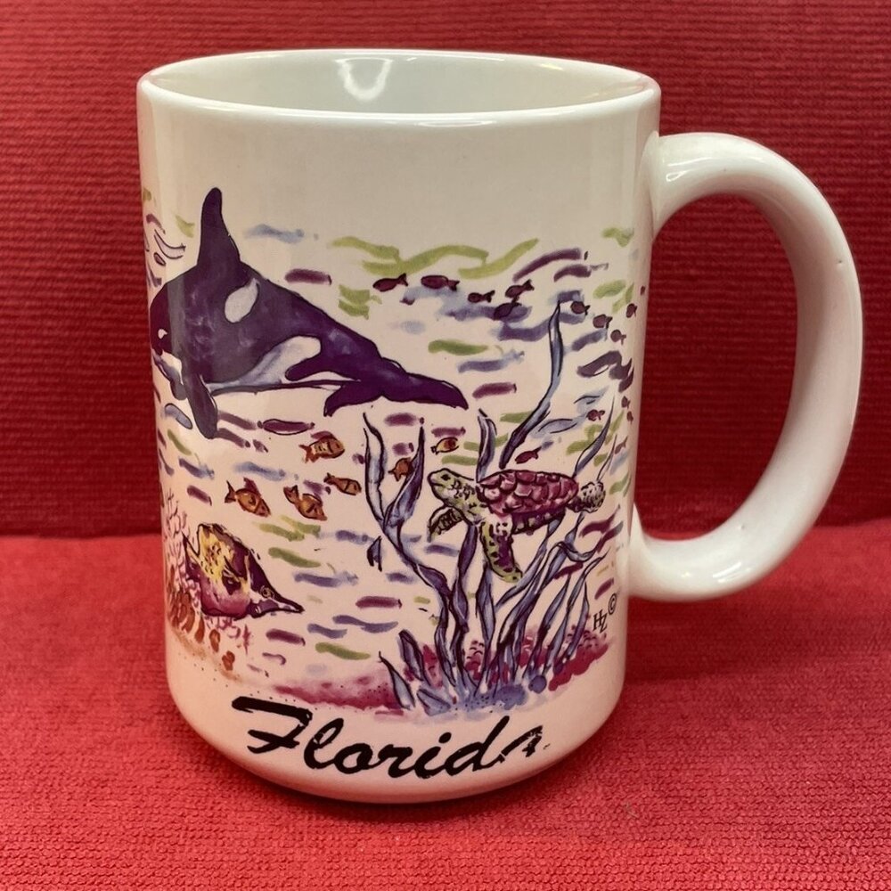 VTG Florida Souvenir Coffee Mug /Cup. Ocean Scene W/Whales, Fish, Turtles Water